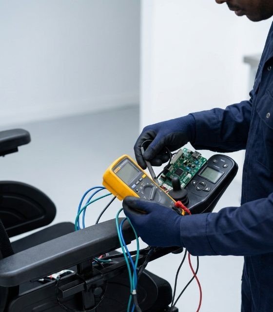 Ampcare technician using a multimeter to test a power wheelchair controller