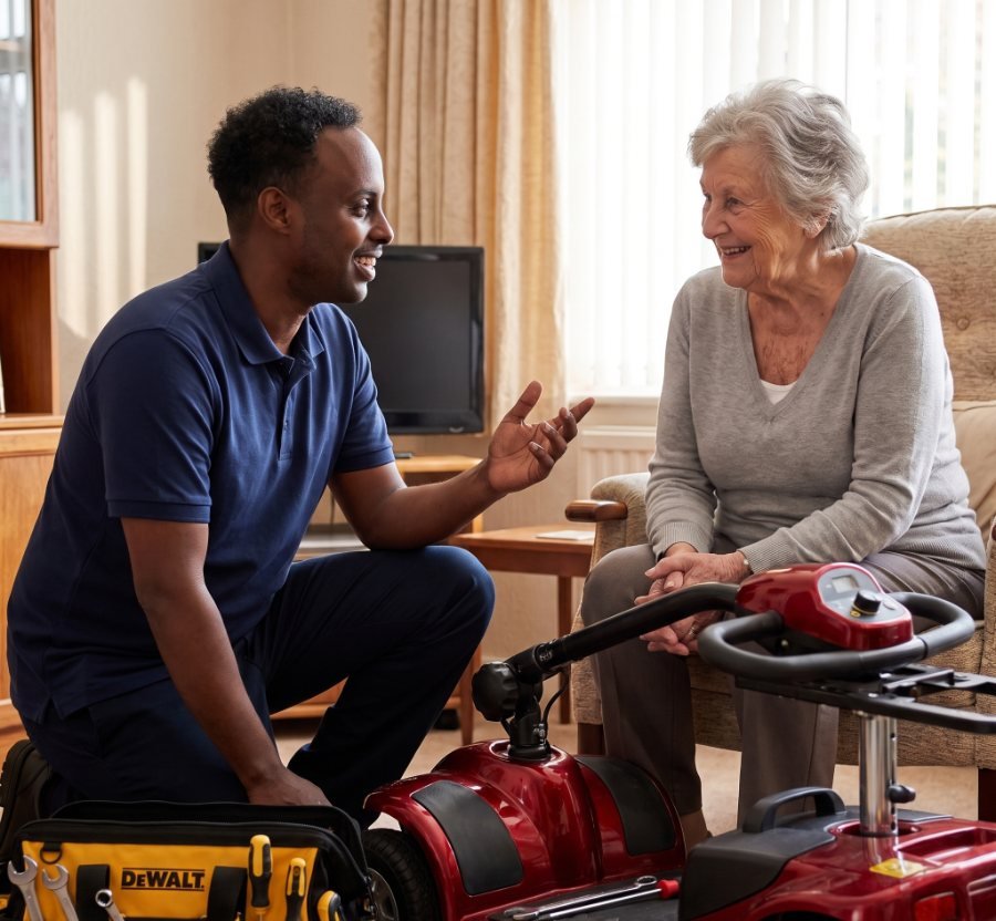 Mohammed Ahmed talking with an older client beside her mobility scooter during an in-home service visit